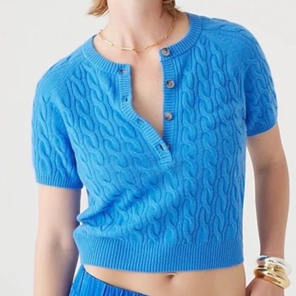 J. Crew | NWT Women's Cashmere Blue Cable Knit Short Sleeve Henley Sweater, M